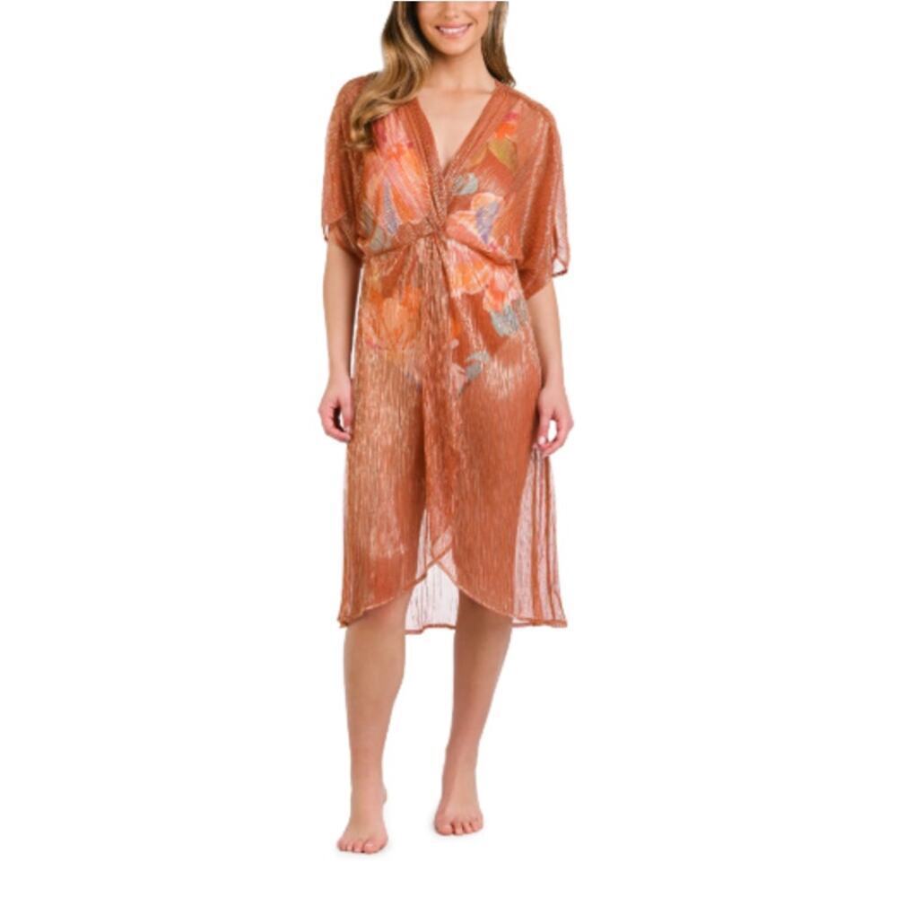 La Blanca Women's Copper Golden Hour Twist Wrap Midi Dress Cover Up Size L-XL